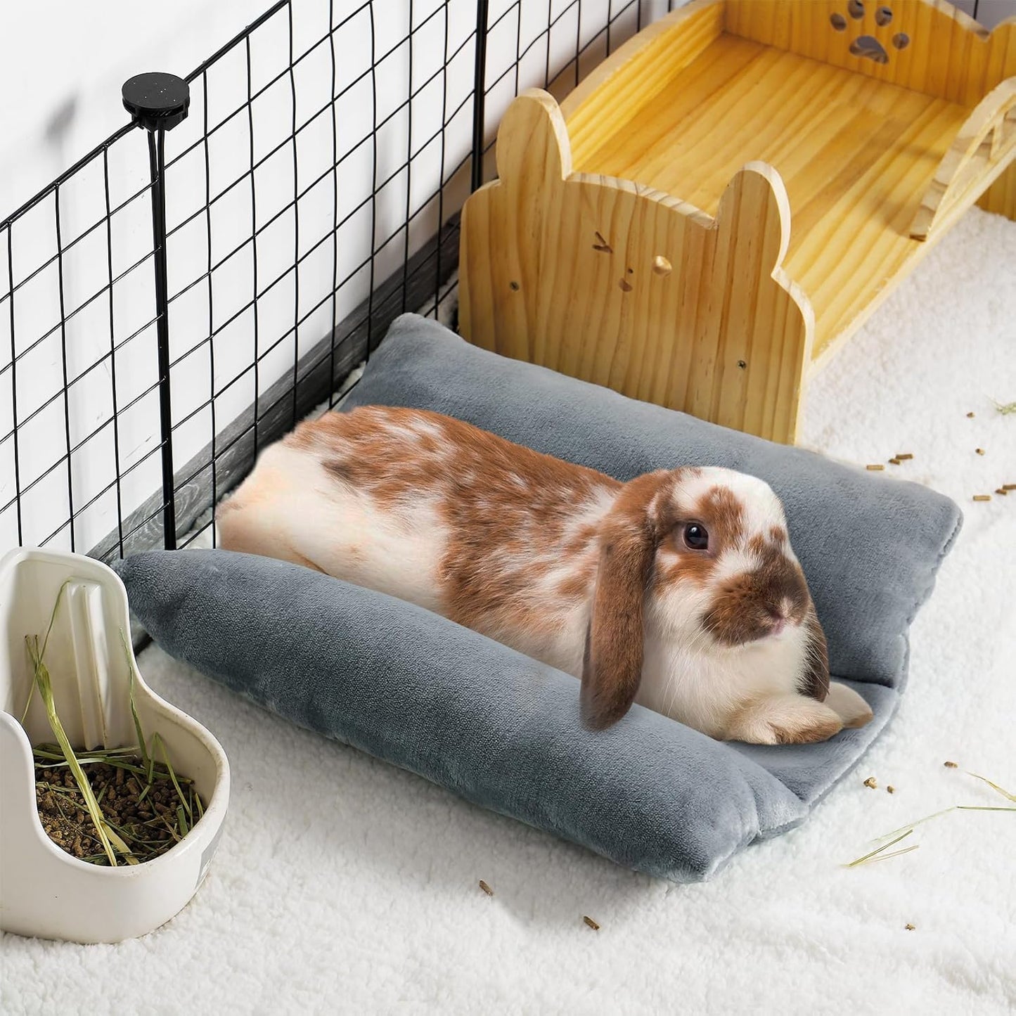 MEWTOGO 15.7 x 14In Rabbit Bed, Thickened Soft Bunny Concave Bed, Cuddle Cushion Plush Mat with Cotton Lounger Pillows, Small Pet Flop Mat for Cage Sleeping Indoor, Gray