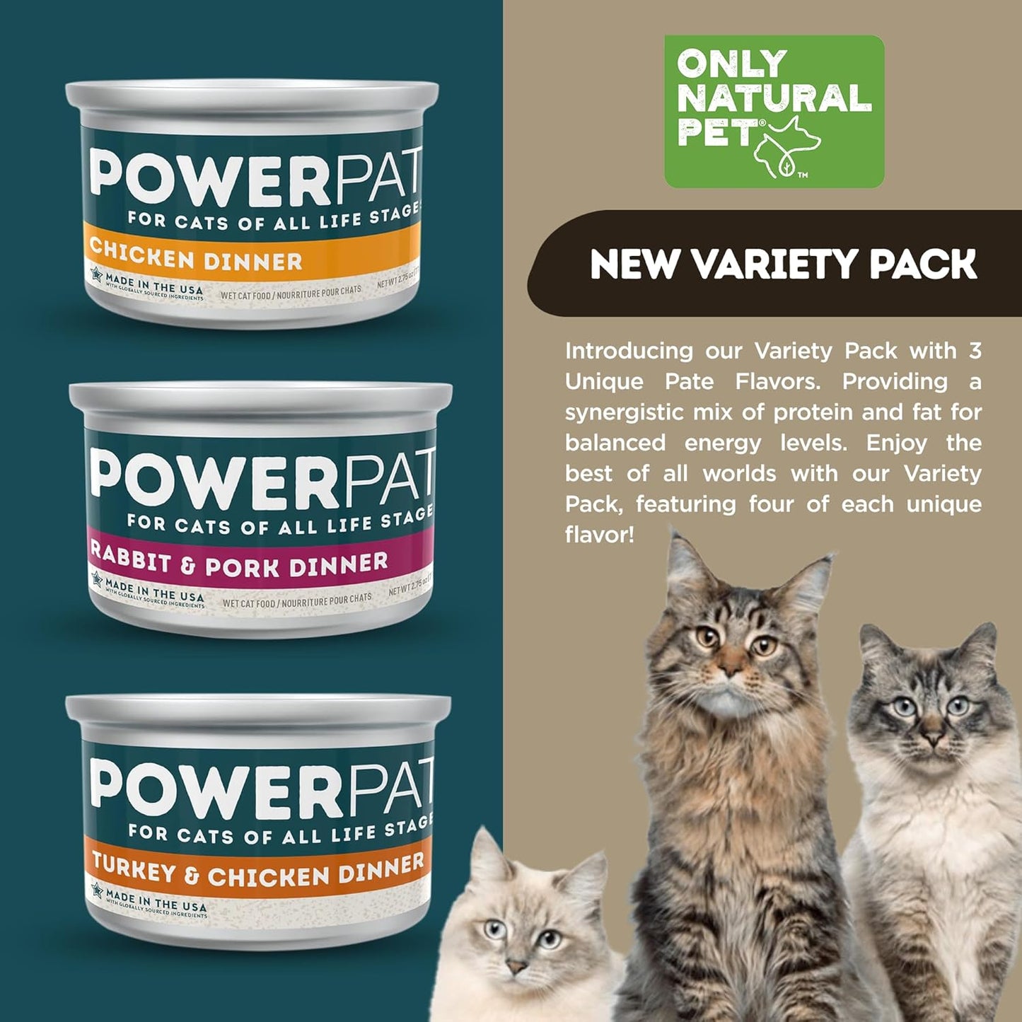 Only Natural Pet PowerPate Grain-Free Wet Cat Food - High Protein, Limited Ingredient Pate for Wellness (Chicken & Turkey, Rabbit & Pork, Chicken Dinner) Variety Pack, 2.75 oz Cans, Case of 12 (V)