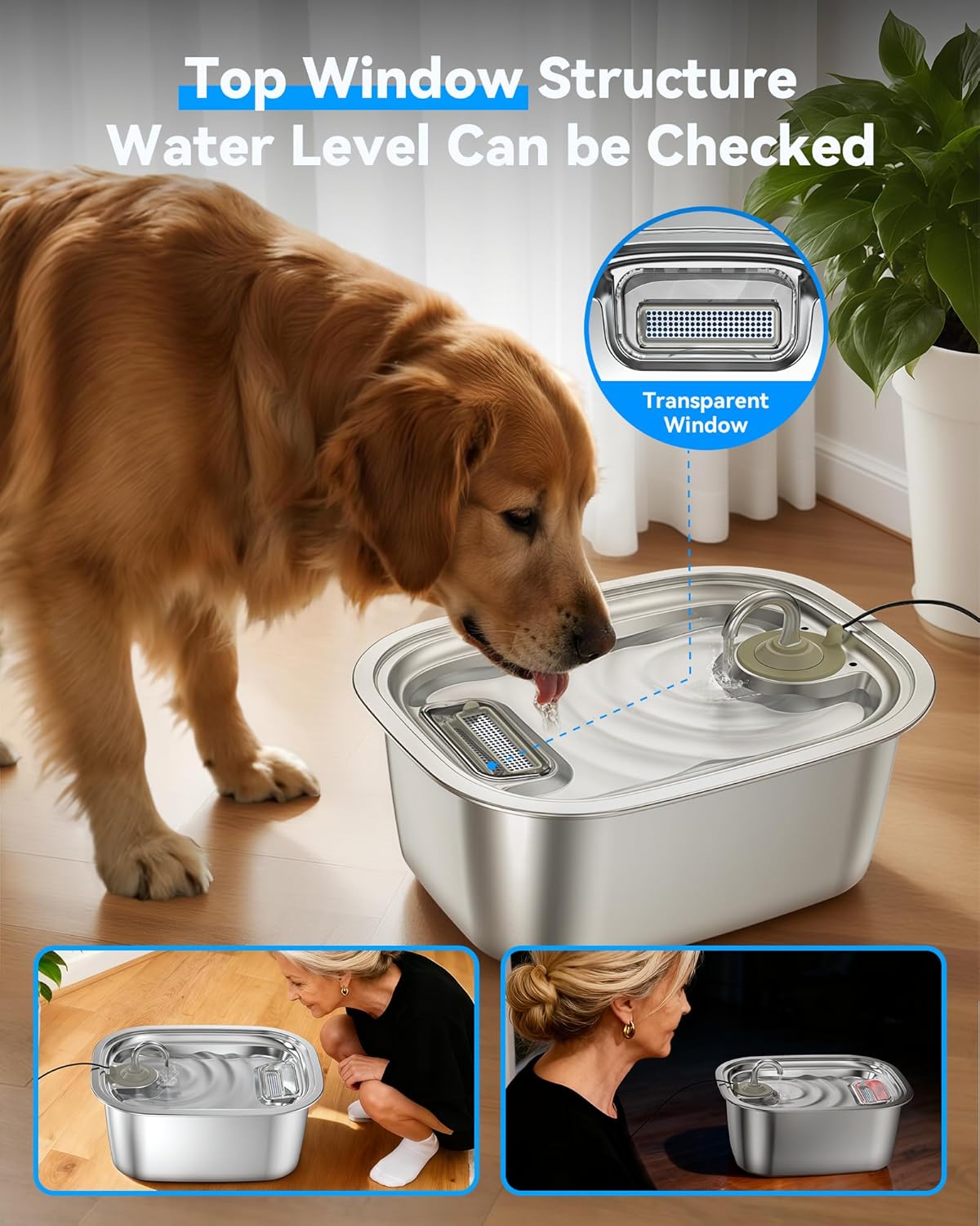 3 Gal Stainless Steel Dog Water Fountain for Large Dog, Pet Fountain Water Bowl Automatic Dispenser with Top Window & LED, Supet Quiet Pump for Multi Pet Home