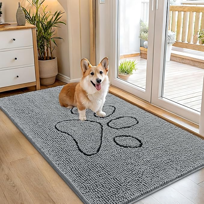 OLANLY Door Mat for Muddy Dog Paws 54x32, Ultra Absorbent Chenille Mud Doormat with Paw Print Design, Non-Slip Washable Doormat for Indoor Entryway, Quick-Dry Pet Bed Mats for Dirty Dogs, Grey