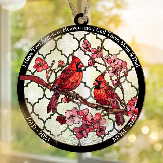 Personalized Cardinal Window Suncatcher Memorial Ornament – “I Have Two Angels in Heaven” Custom Remembrance Gift for Loss of Mom and Dad – Cardinal Suncatchers for Windows or Car Mirror Display