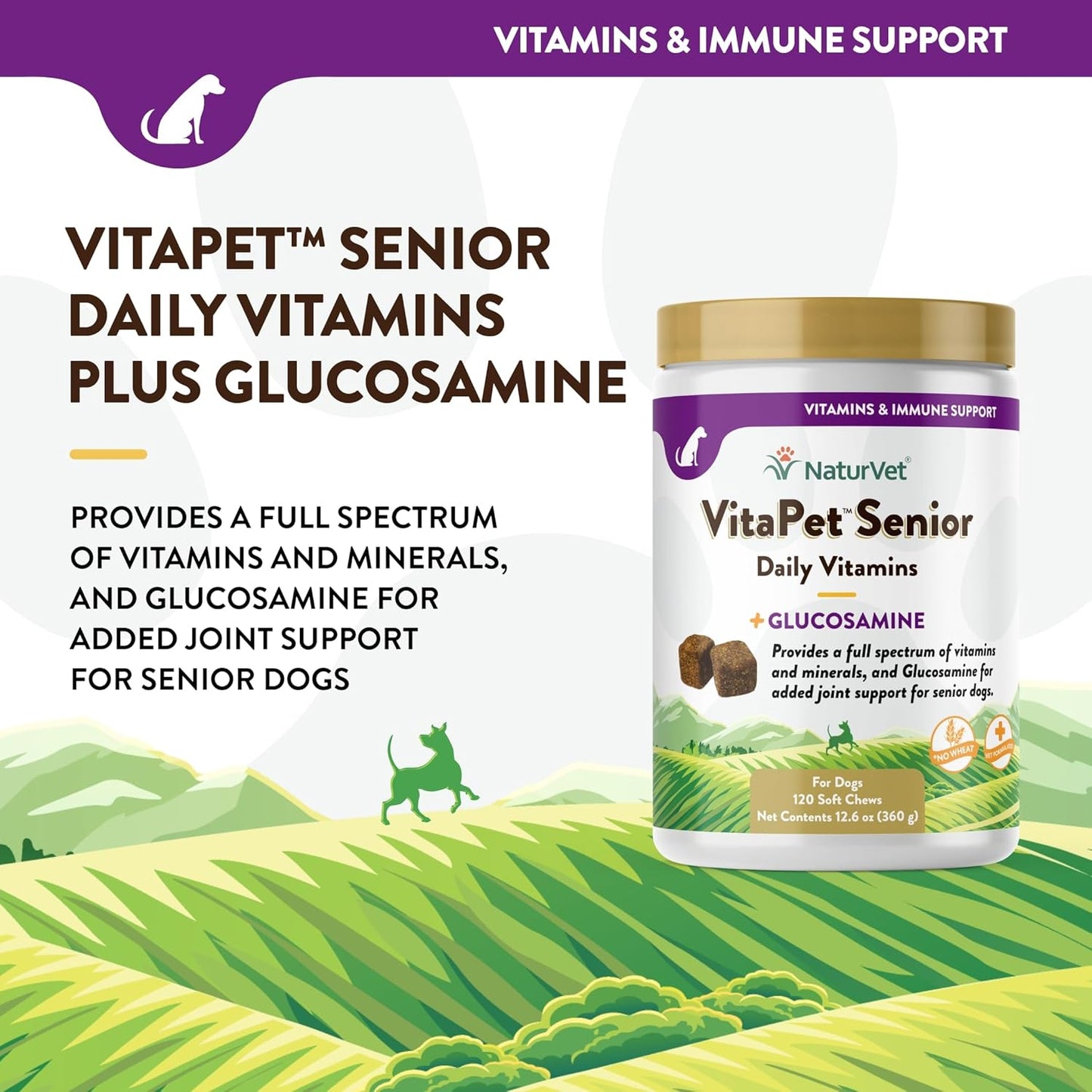 NaturVet VitaPet Senior Daily Vitamin Dog Supplements Plus Glucosamine – Includes Full-Spectrum Vitamins, Minerals – Joint Support for Older, Active Dogs – 120 Ct. Soft Chews