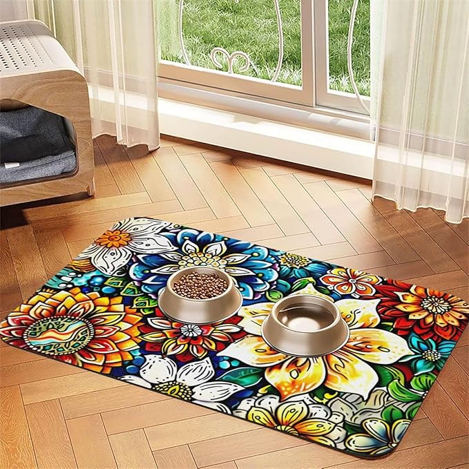 Colorful Mandala Dog Food Mat Absorbent Bowl Mats No Stains Quick Dry Waterproof Pet Cat Placemats for Food and Water, 30x45cm