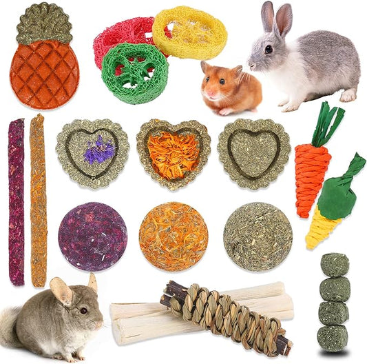 VESPRO Bunny Toys, 21PCS Rabbit Chew Toys for Teeth, Guinea Pig Natural Treats, Timothy Hay Sticks for Chinchillas Hamsters Rats, Small Animals Teeth Grinding
