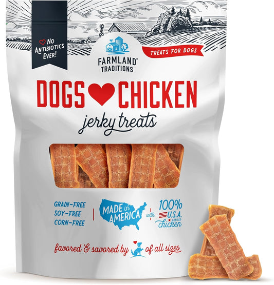 Farmland Traditions Dogs Love Chicken Jerky Dog Treats, Premium Two-Ingredient Dog Jerky with USA-Raised, Human-Grade Chicken & No Antibiotics Ever, 1-Pound Bag