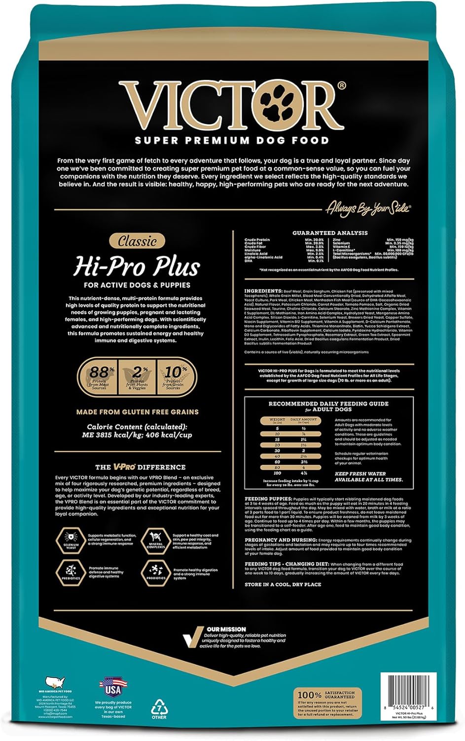 VICTOR Super Premium Dog Food – Hi-Pro Plus Dry Kibble – High Protein Dog Food with 30% Protein – Beef, Chicken, Pork, Fish Meals, Gluten Free - for High Energy and Active Dogs & Puppies, 50lbs