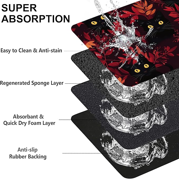 Black Cat Forest Pet Feeding Mat-Quick Dry Absorbent Dog Cat Food Mat, Anti-Slip Water Bowl Mats for Messy Eaters-No Stains Indoor Pet Accessories 16"x24"