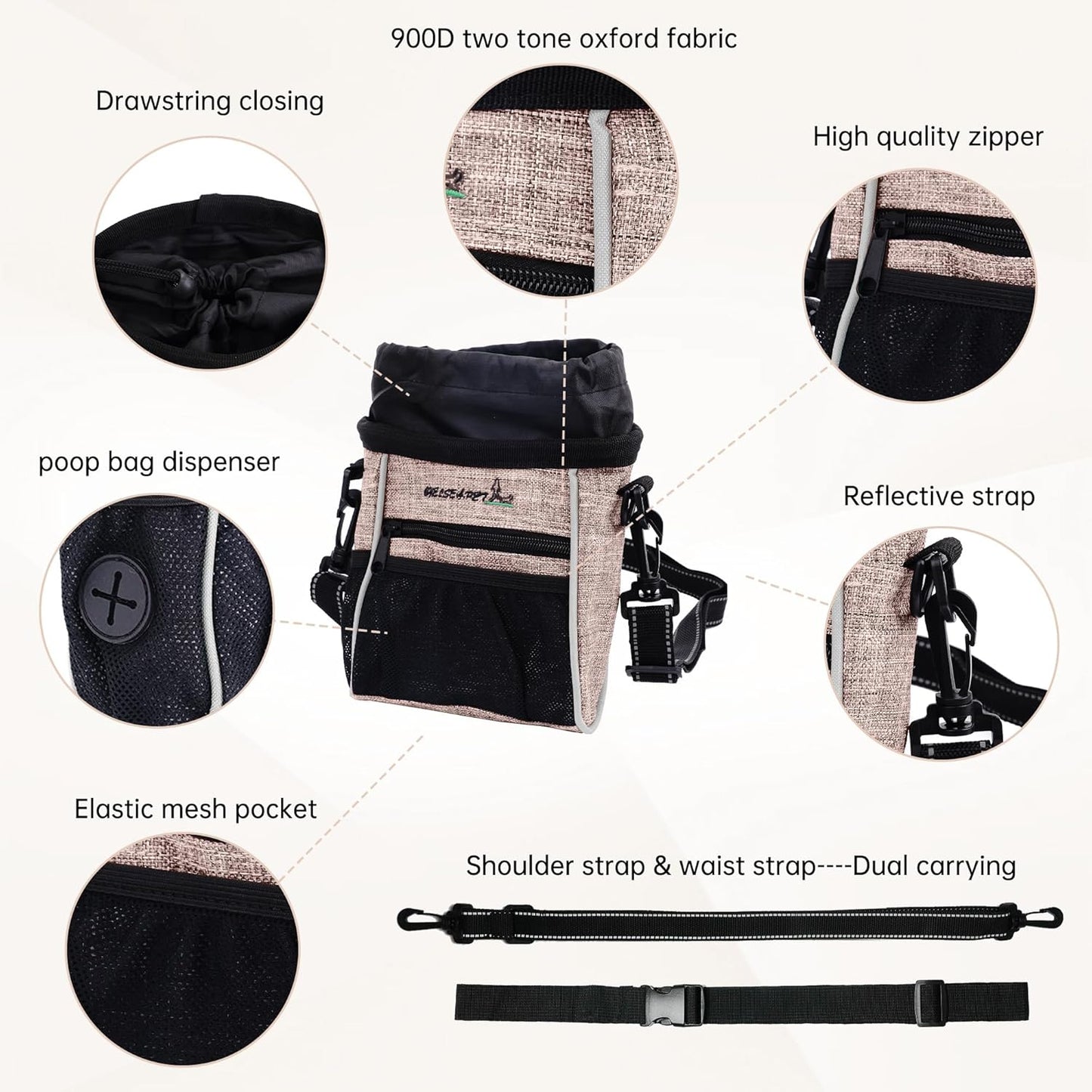 Dog Treat Pouches Training Walking Bag with Shoulder Strap, Large Space for Pets Food, Polyester Fabric, 3-Way Wearing Design, Portable Pet Bagand Easy to Clean (Ginger)