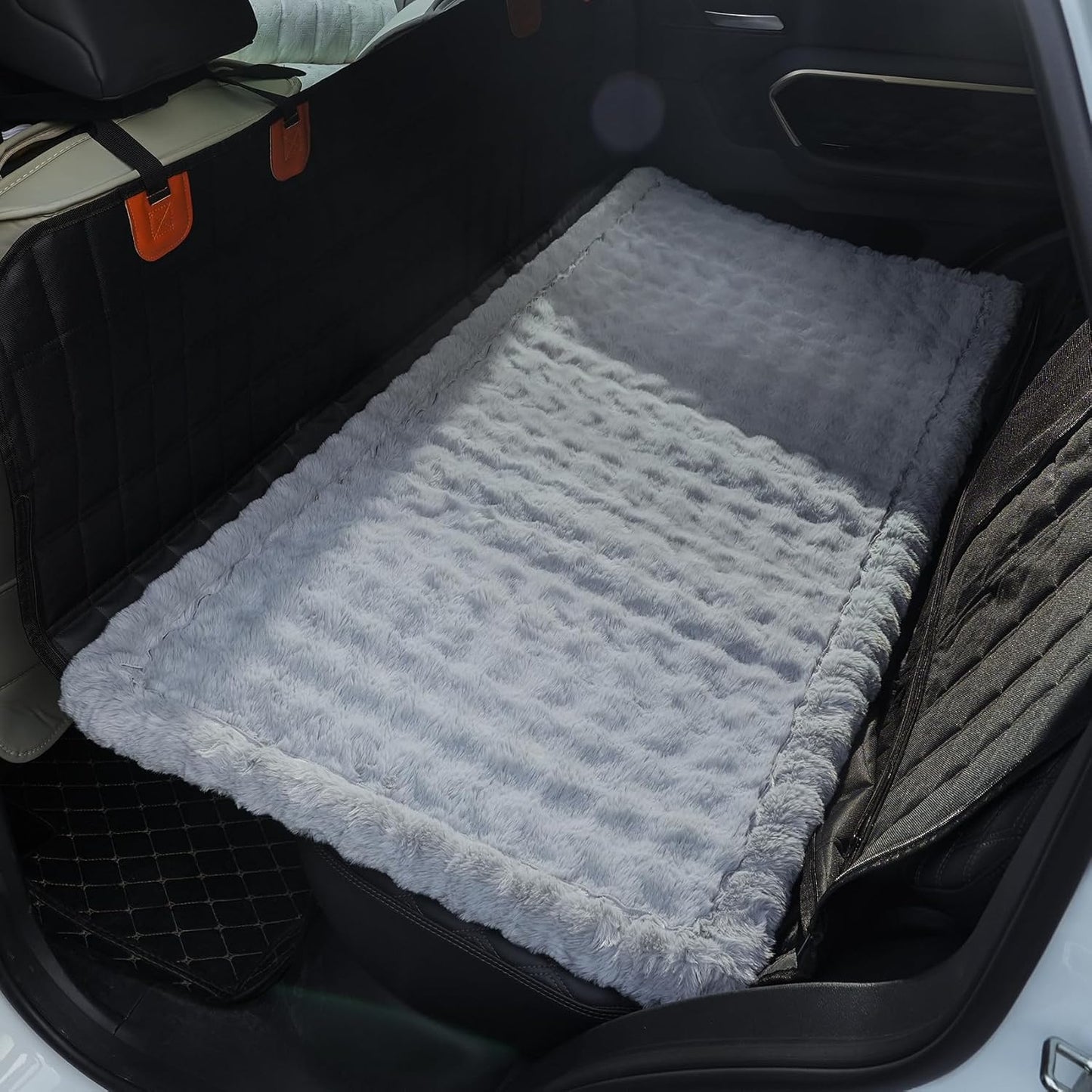 Dog Car Seat Cover for Back Seat, Plush Dog Bed Mat for Car, Fit for Backseat Extenders, Travel Pet Mat, Nonslip Soft Pet Pad for Cars Trucks and SUVs (Light Gray, 24.8x54 inch)