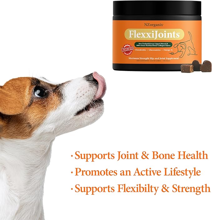 NZorganix FlexxiJoints Hip and Joint Supplement Chews for Dogs, Cats • 100% Grass-Fed Beef Bone Collagen New Zealand Green-Lipped Mussels • 100 Chews