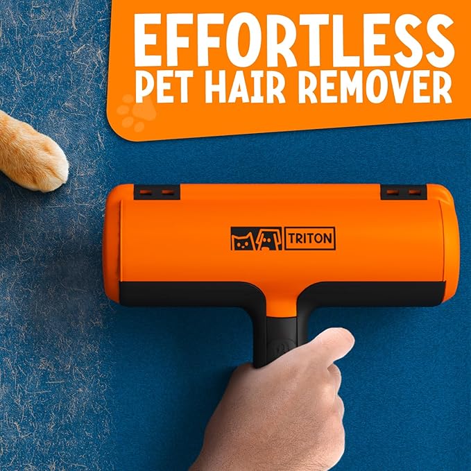 Triton Pet Hair Removal Tool w/Fur Trapping Compartment and Detachable Handle, 60% Smaller Storage Size, Reusable Shedding Roller, Cat and Dog Hair Remover for Car, Furniture, Carpet, Couch (Orange)