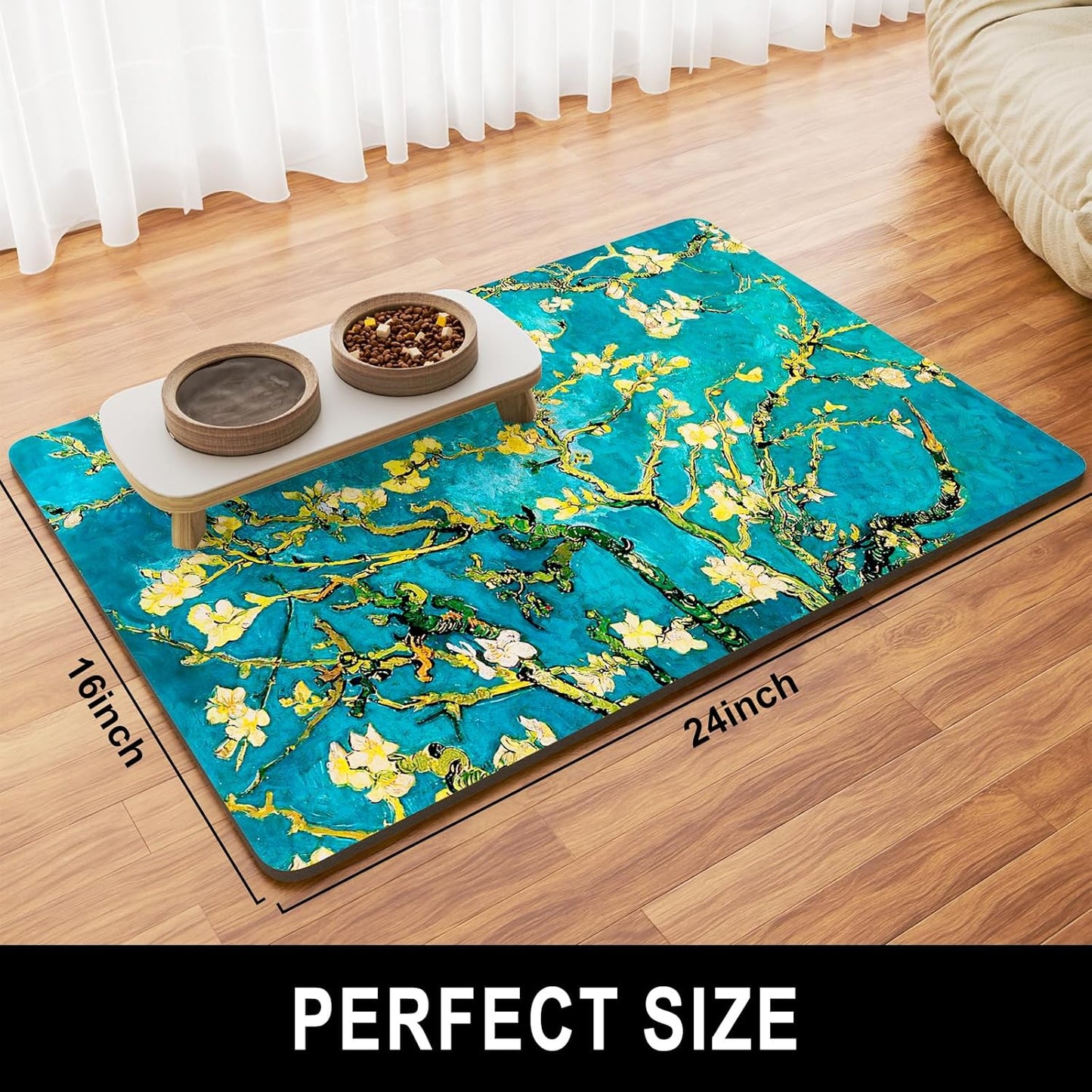 Dog Food Mat, 16" x 24" Flower Absorbent Dog Cat Bowl Mat for Food and Water, Cute Anti-Slip Rubber Pet Feeding Rug Protect Floors, Placemat for Feeding & Watering Supplies, Green