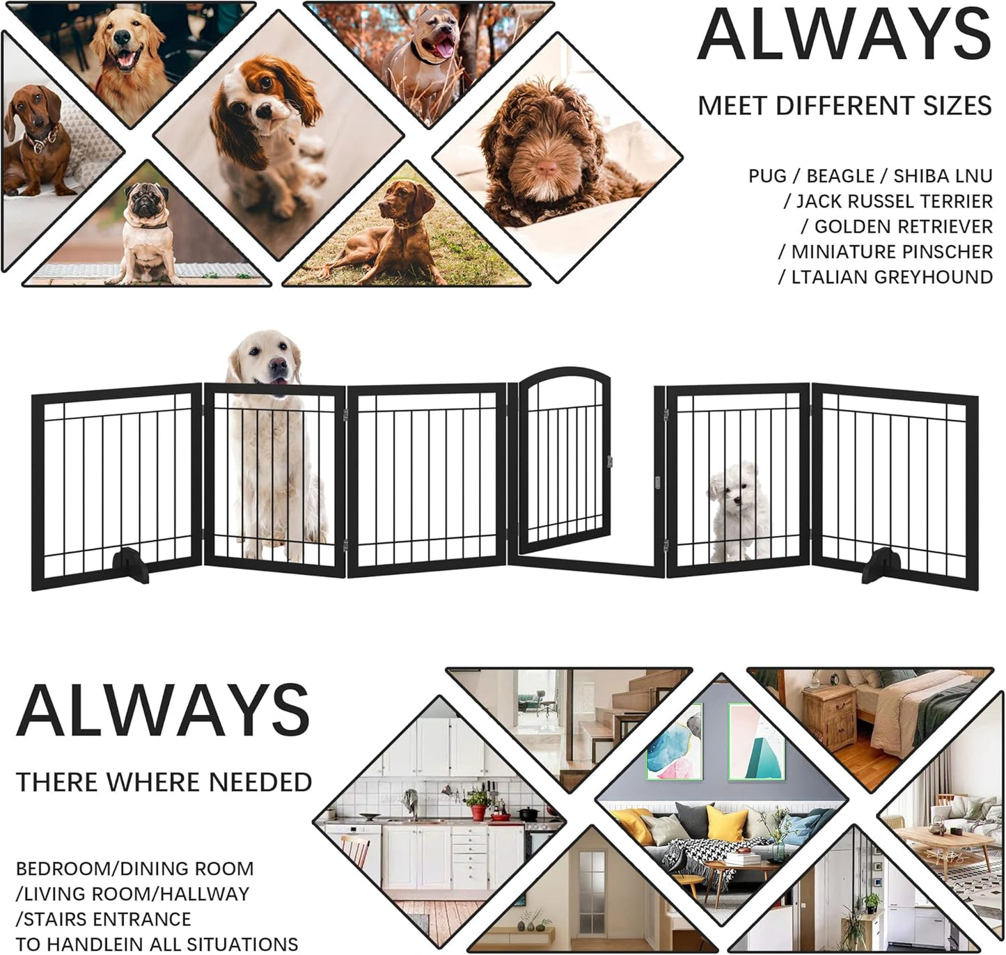 JSB 144-inch Extra Wide 30-inch Tall Dog gate with Door Walk Through, Freestanding Pet Gate for Halls, Stairs & Home, Pet Puppy Safety Dog Fence with 2PCS Support Feet (Black)