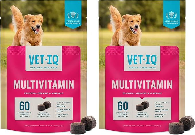 VetIQ Multivitamin Supplement for Dogs, Supports Active Brain Function, Immune System, and Digestive System, Hickory Smoke Flavored Dog Multivitamin, Made in The USA, 60 Count (Pack of 2)