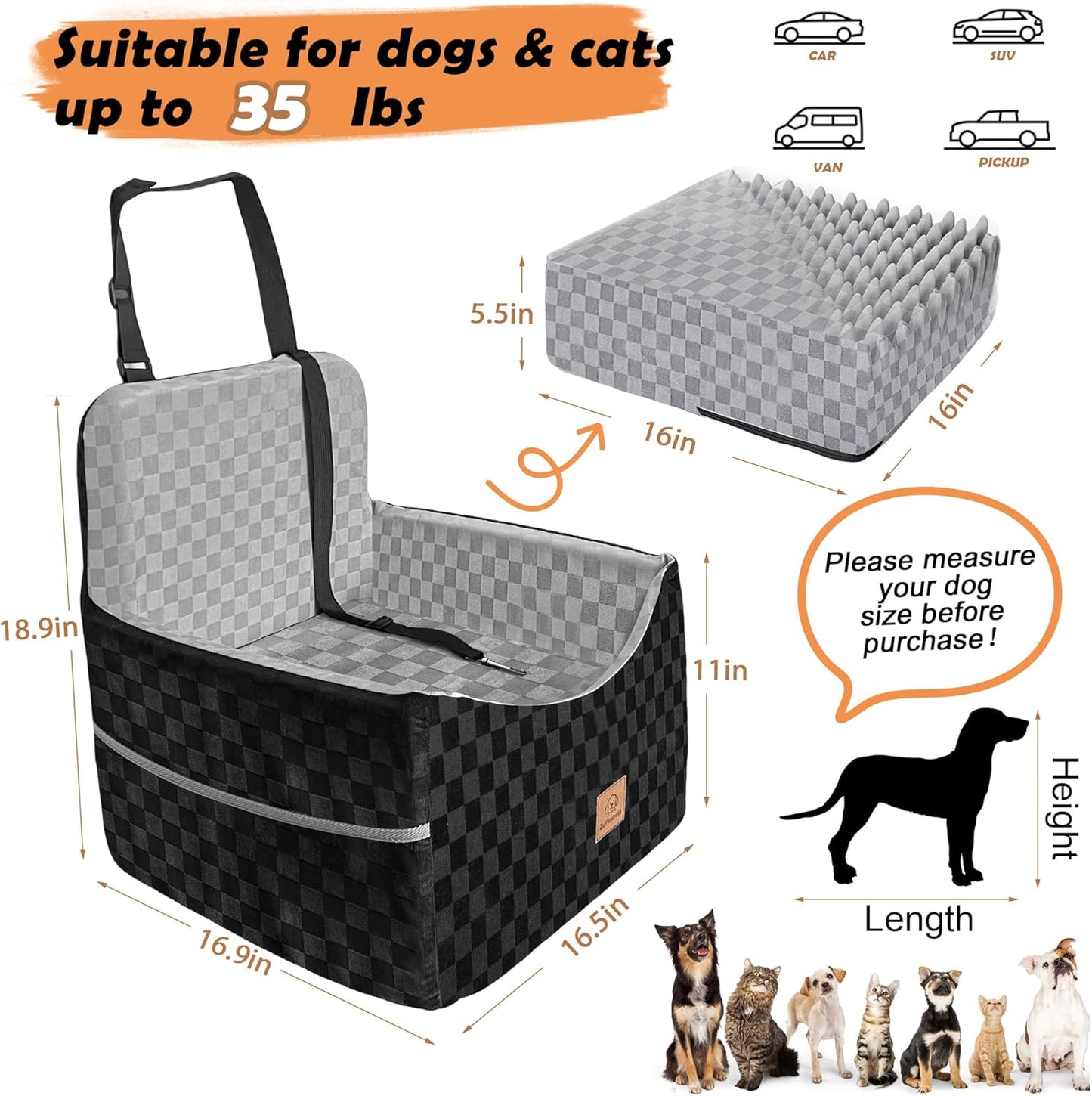 Dog Car Seat for Small and Medium Dogs Up to 35 lbs –Memory Foam Dog Booster Seat with Safety Leash & Storage Pockets, Fits Front & Back Car Seats, Removable Washable Cover - Black & Gray