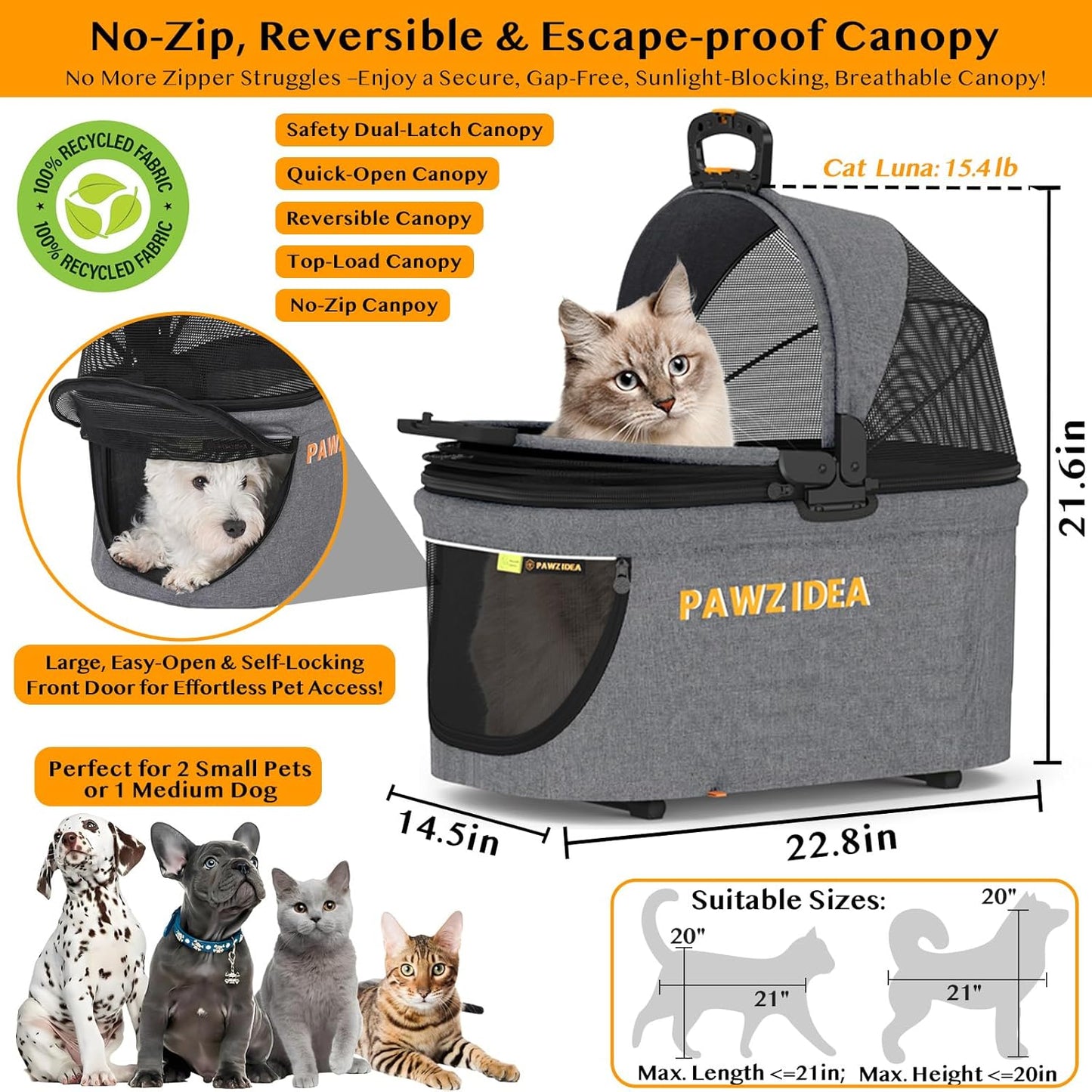 PAWZIDEA Pet Stroller 4 in 1, Dog Strollers with Detachable Carrier No-Zip Canopy, Portable Pet Crate for Car Seat Travel, Foldable & Lightweight Jogger for Small/Medium Dogs and Cats, Storage Basket