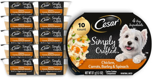 Cesar Simply Crafted Adult Wet Dog Food Meal Topper, Chicken, Carrots, Barley & Spinach, 1.3oz. (10 Count, Pack of 1)