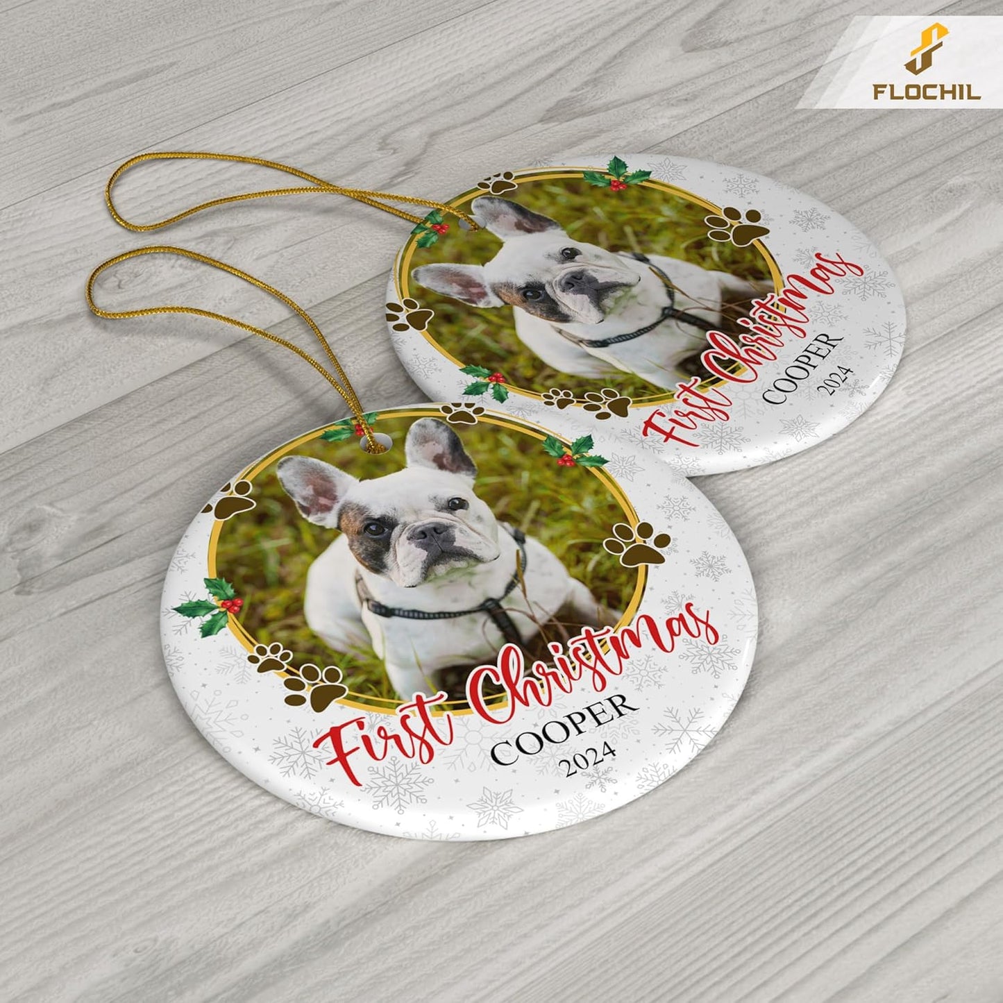 FLOCHIL Personalized Dog Christmas Ornaments, Custom Photo Name for Christmas Trees, Dog First Christmas Ornaments, Best Gifts for Pet Lovers
