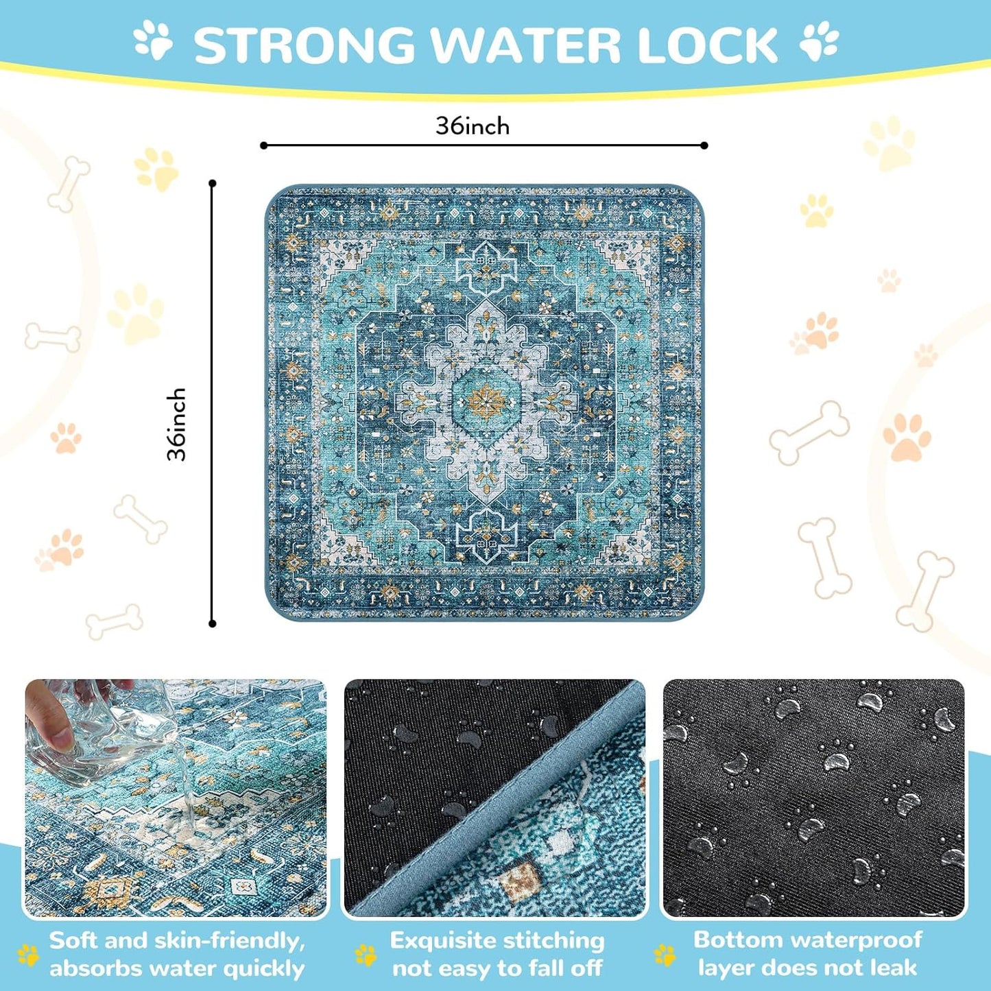 Lahome Super Absorbent Washable Pee Pads for Dogs - Secure Floor Protection - Non-Slip, Leakproof Reusable Pads for Training, Crates & Playpens (2 Pack, 36"x36", Blue)