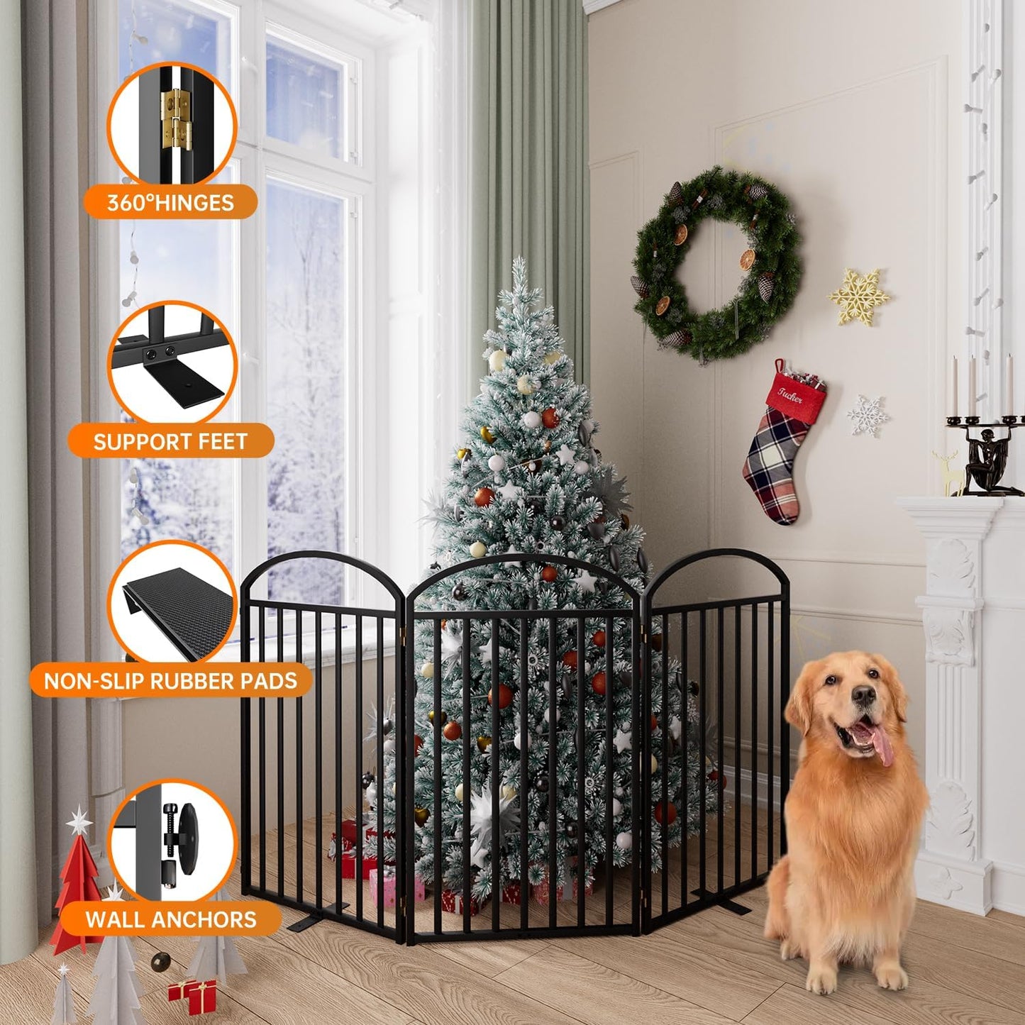 3 Panles Full Matel Freestanding Dog Gates with Door, 72"Extra Wide 36"Tall Free Standing Dog Pet Gate for Indoor & Outdoor. Foldable Pet Fences for Doorways, House, Stairs, Porch, Deck, Yard