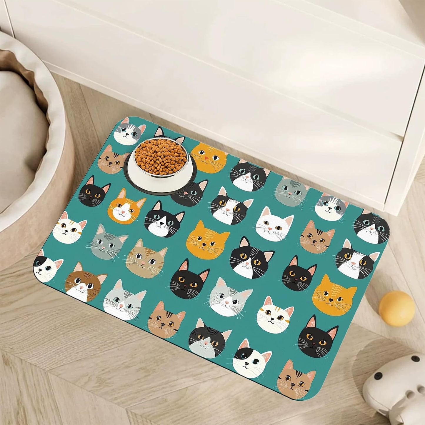 Cute Cat Dog Food Mat,Absorbent Pet Feeding Mat with Rubber Backing,Non-Slip Water Bowl Placemat,Indoor Pet Accessories Supplies 12"x20"