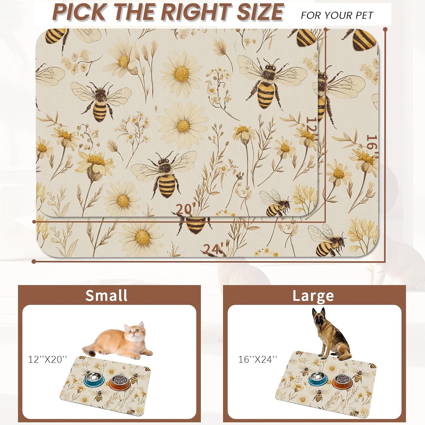 Bees Boho Daisy Floral Dog Food Mat for Floors,Absorbent Pet Food and Water Bowl Mats,Non-Slip Pet Feeding Mat,Pet Supplies 16" x 24"