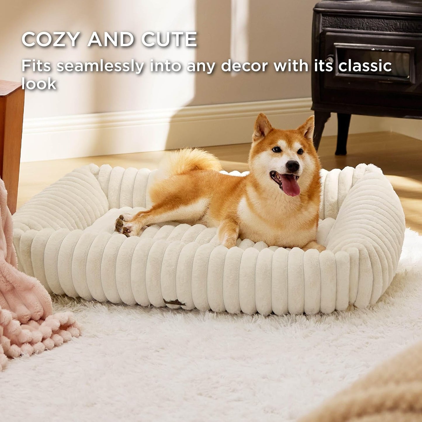 Bedsure Cute Dog Beds Large Sized Dog - Washable Furry Pet Beds, Rectangle Orthopedic Corduroy Fleece Puppy Beds with Removable Zipper Cover, 36x27x8inches, Cream