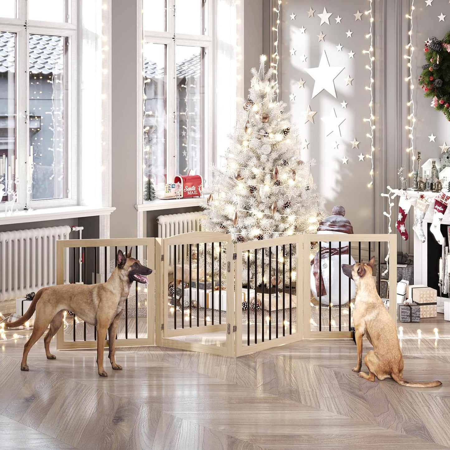 Vantas Folding Pet Gate 96" Wide, 30" Tall No-Assembly Wooden Dog Gate with Door Walk Through, Freestanding Pet Gate, Puppy Safety Fence, with 2PCS Support - Natural White