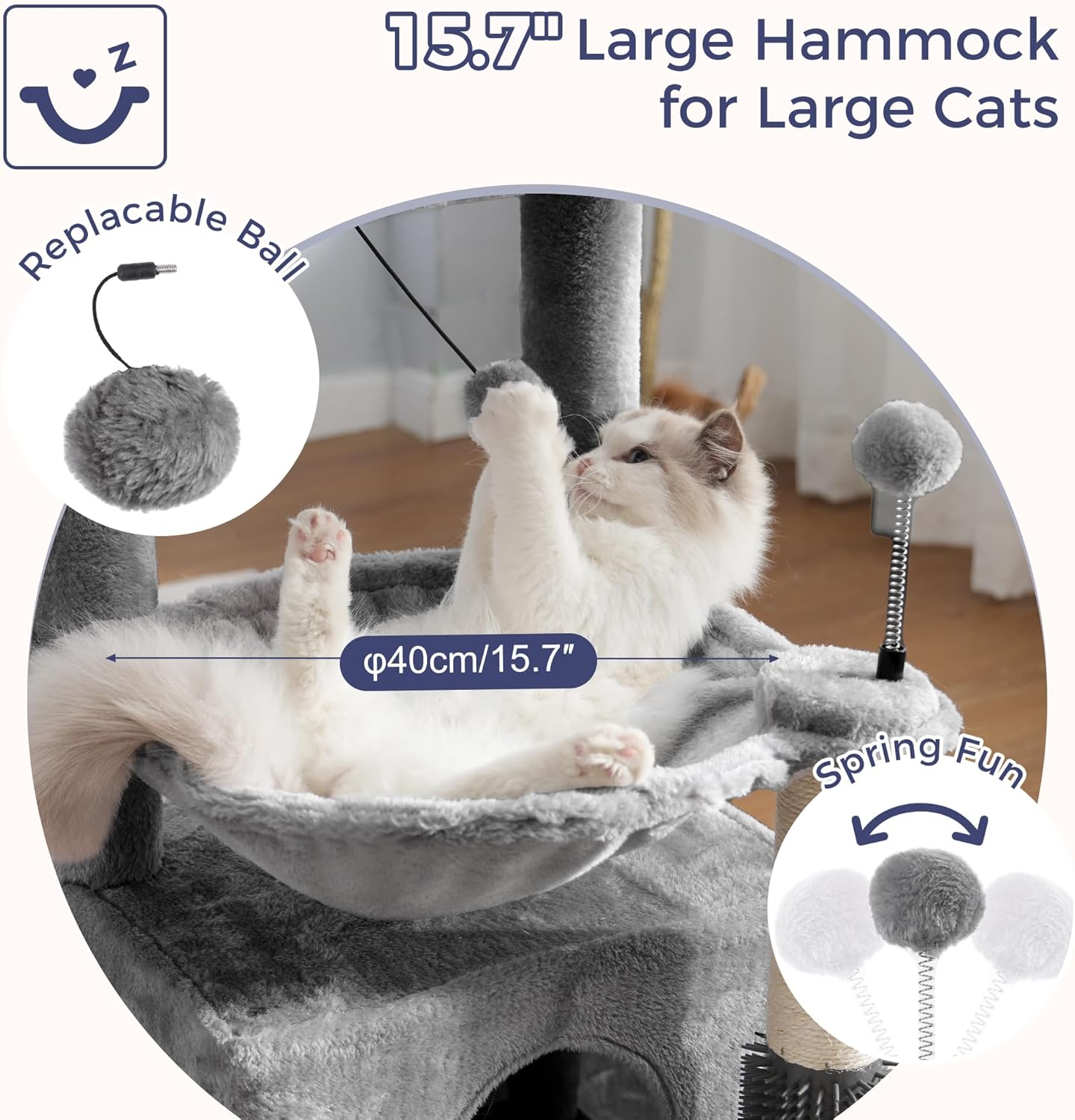 Cat Tree 32 Inches Small Cat Tower with Large Hammock Dia 15.7”,Self Groomer, Fully Scratching Post, Removable Top Bed and Wide Hideway Condo for Indoor Cats-Gray