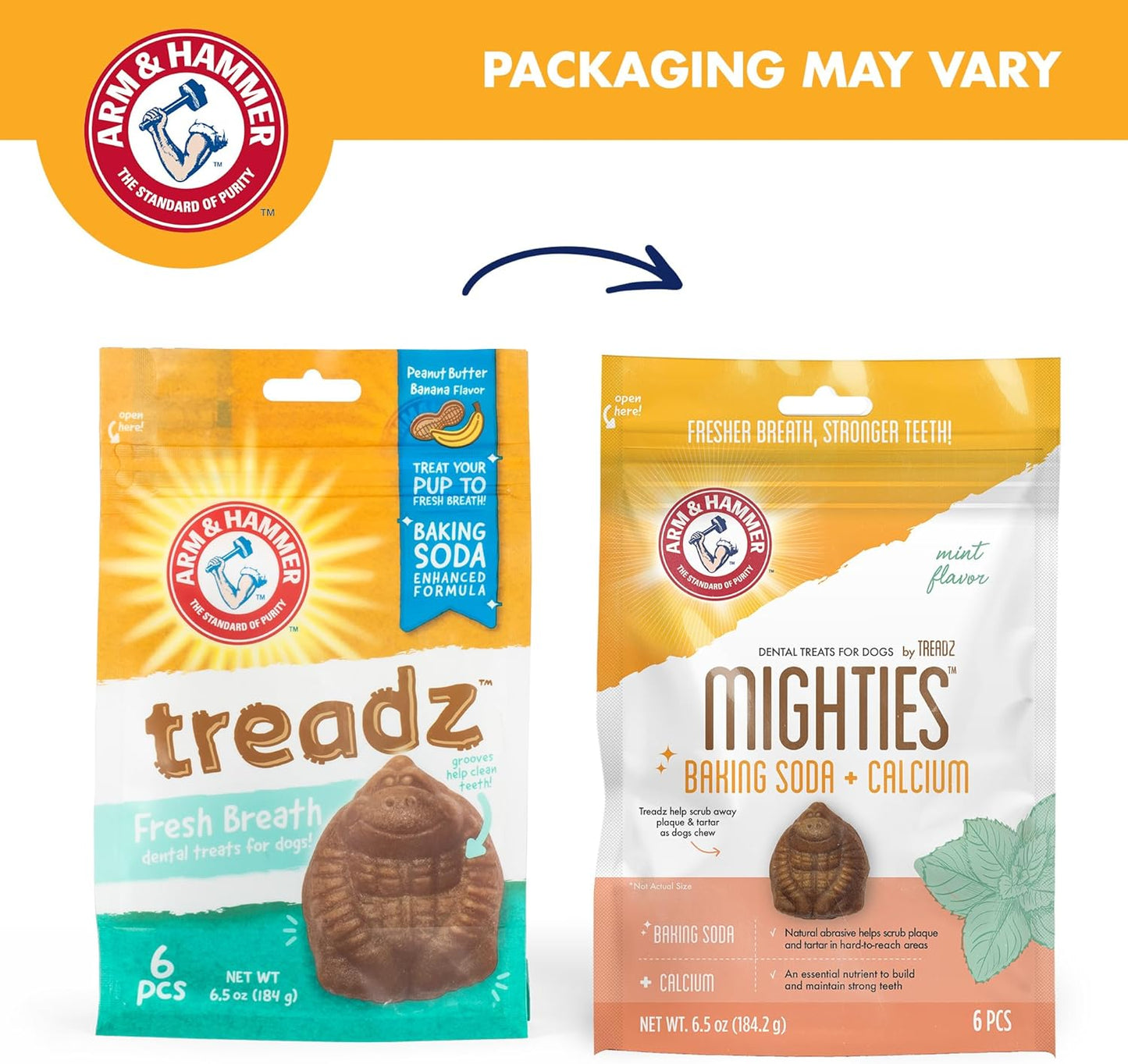 Arm & Hammer for Pets Mighties by TREADZ Dental Treats for Dogs with Baking Soda and Calcium, Help Fight Bad Breath, Plaque & Tartar without Brushing, Mint, Gorilla Shaped, 6 Pcs (Packaging may vary)