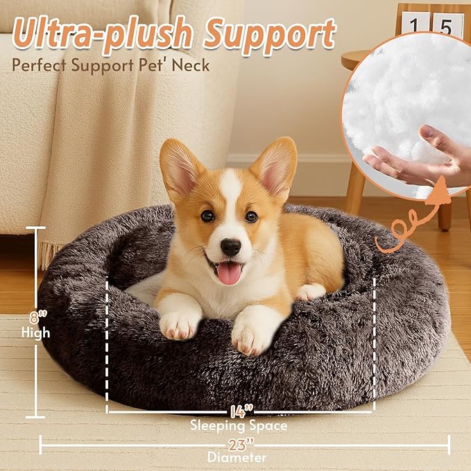 JOLLYVOGUE Calming Dog & Cat Bed for Small Dogs, Anti-Anxiety Donut Cuddler Cozy Soft Round Bed with Anti-Slip Bottom, Fluffy Faux Fur Plush Cushion Beds for Small Medium Pets (23")