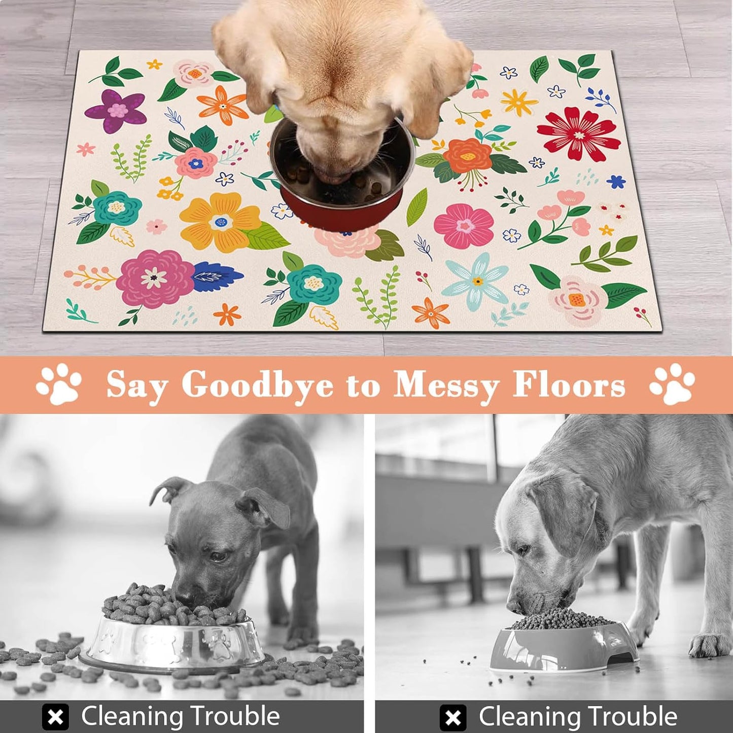 Pet Dog Food Mat Large - Absorbent Non-Slip Placemat for Dog Bowl,Cat Feding Mats for Floors,Dishmat for Food and Water,12"x20"(Colorful Flower)