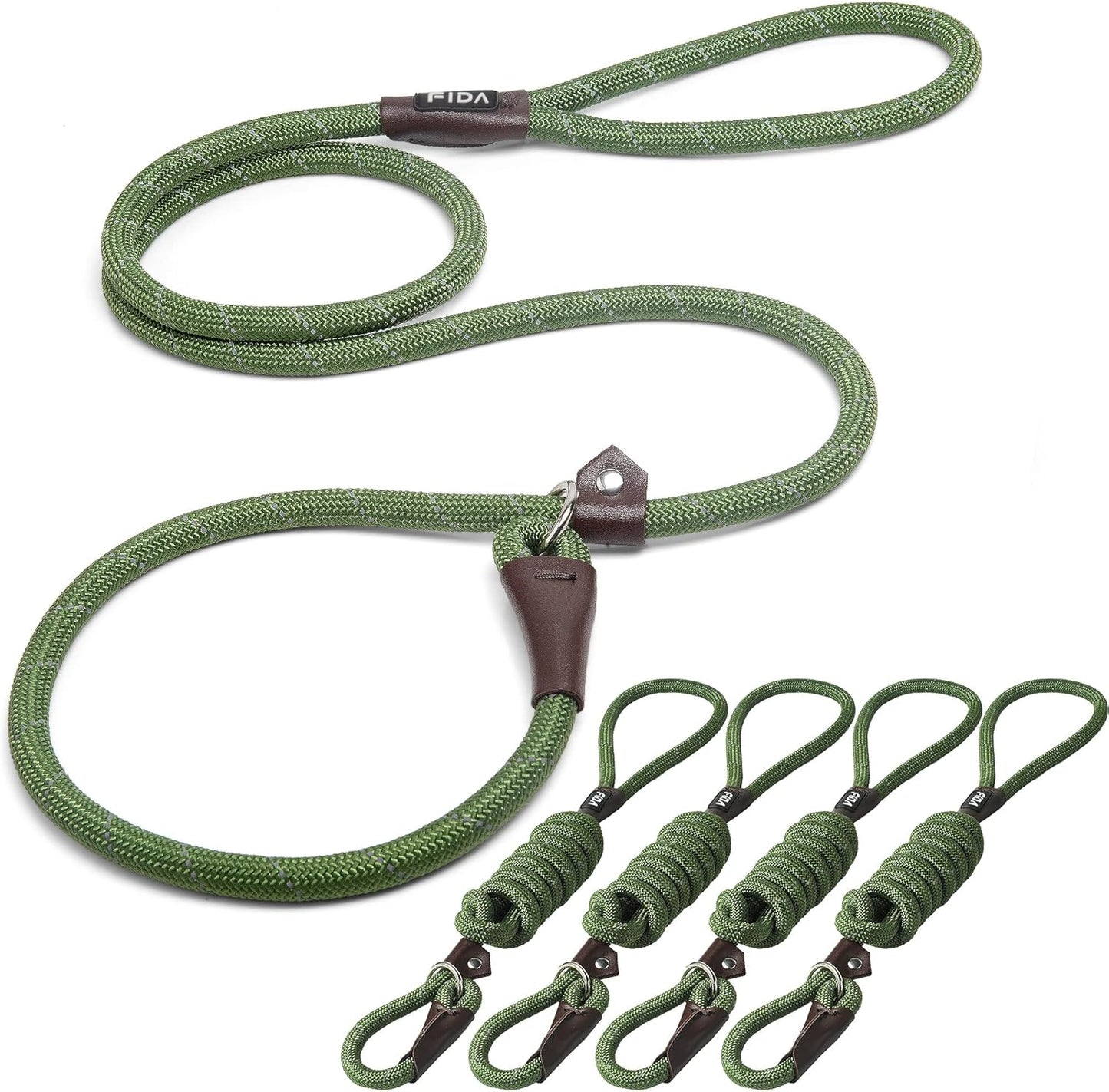Fida Durable Slip Lead Dog Leash Bulk Pack of 5, Heavy Duty 1/2" x 6 FT Comfortable Strong Rope Slip Lead for Large, Medium & Small Dogs No Pulling Pet Training Leash with Highly Reflective (Green)