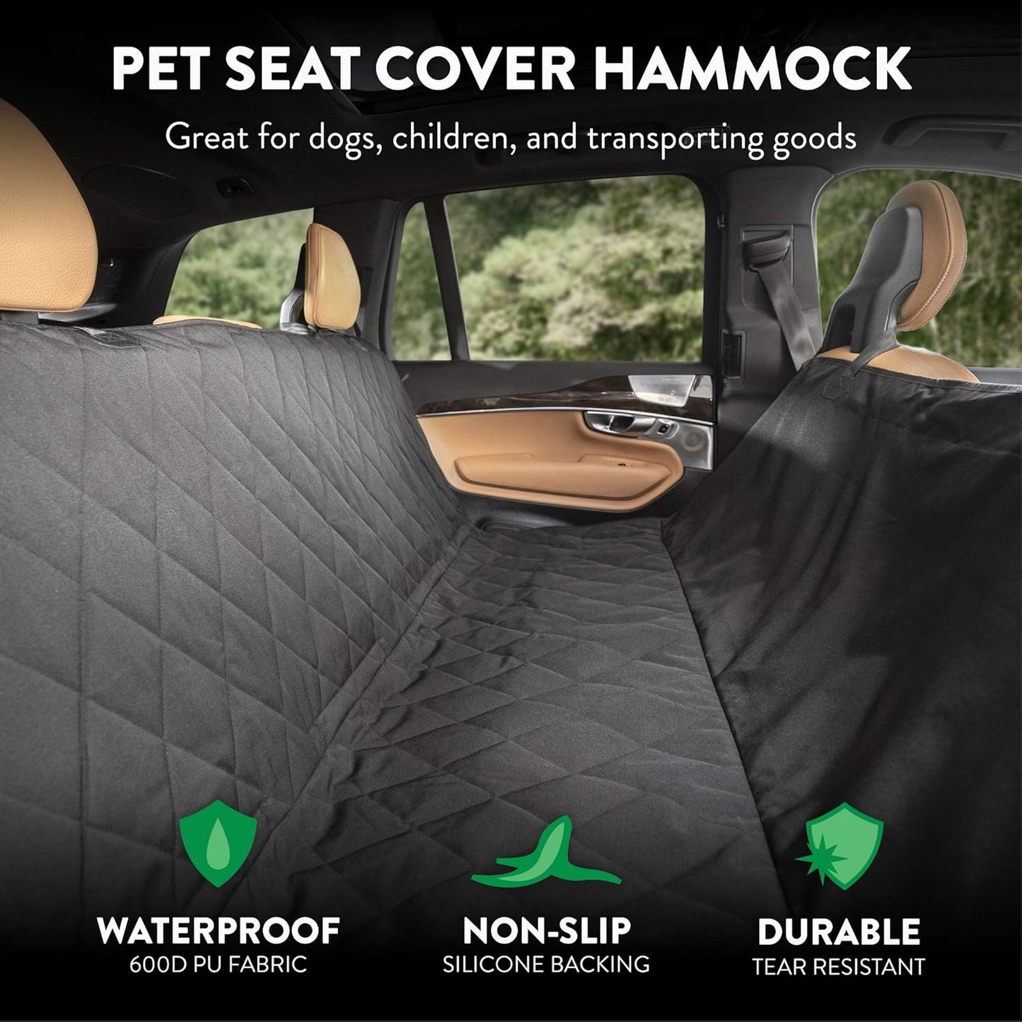 Plush Paws Products Premium Rear Car Seat Protector w/Hammock | Washable & Waterproof Back Seat Dog Cover for Car, Truck, & SUV | Nonslip, Tear Resistant Pet Seat Cover | X-Large Black