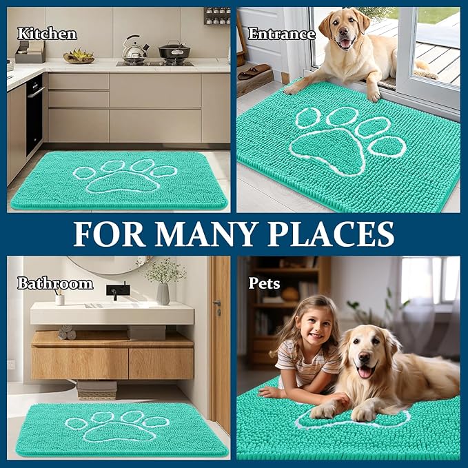 OLANLY Door Mat for Muddy Dog Paws 59x35, Ultra Absorbent Chenille Mud Doormat with Paw Print Design, Non-Slip Washable Doormat for Indoor Entryway, Quick-Dry Pet Bed Mats for Dirty Dogs, Teal