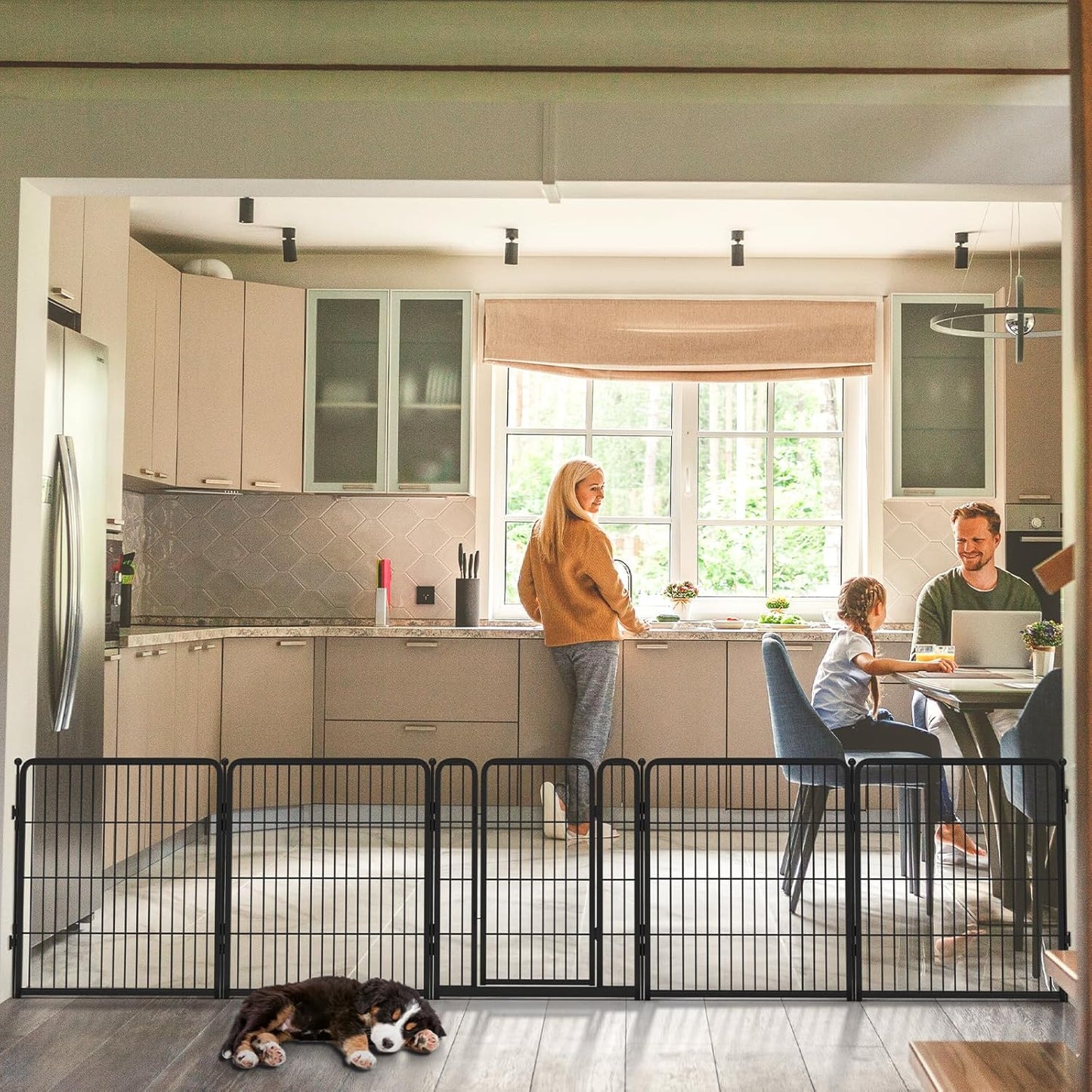 FXW Dog Gate Extra Wide Designed for Indoor Use, Adjustable Width Up to 165-inch Wide (32" H 6 Wire Panels for Small and Medium Dogs), Black