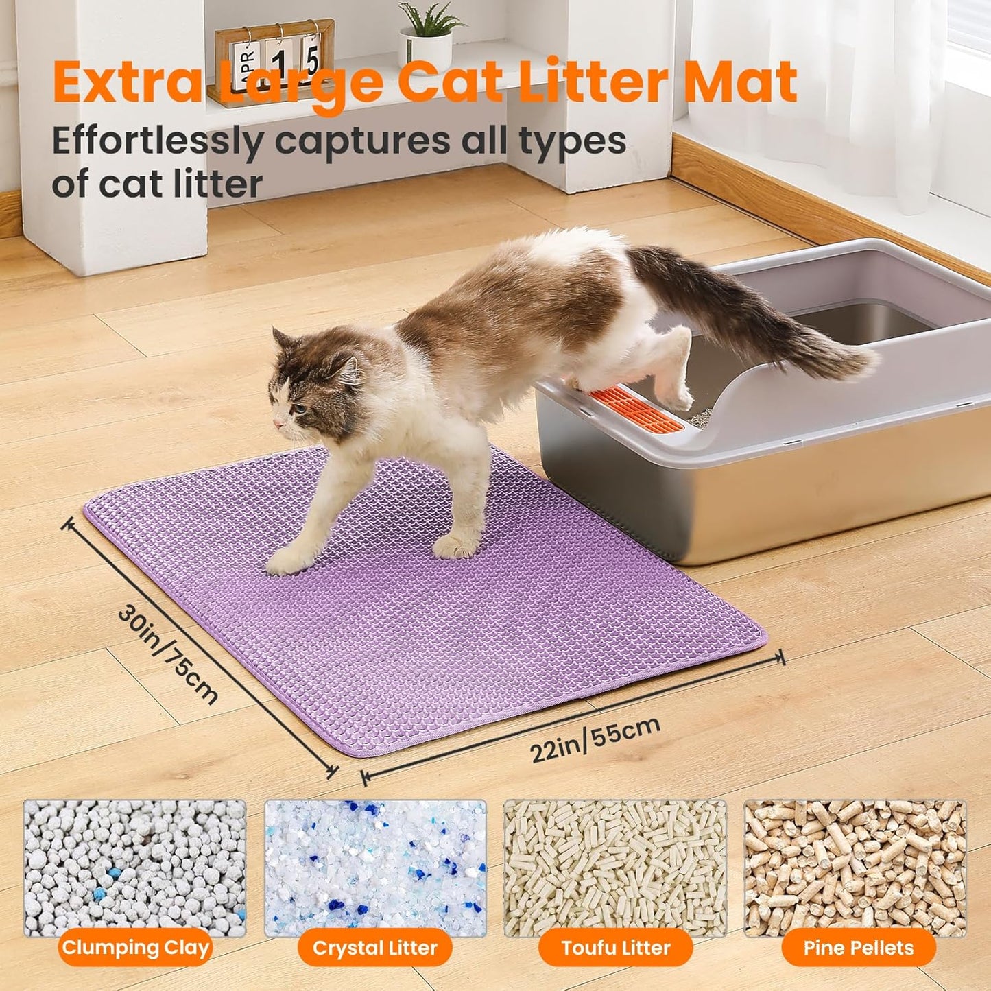 Extra Large Cat Litter Mat, 30x22 Inches Honeycomb Double Layer Cat Litter Trapping Mat, Non Slip Waterproof Urine Proof Large Kitty Litter Box Mat for Floor, Kitten Supplies, XL, Purple