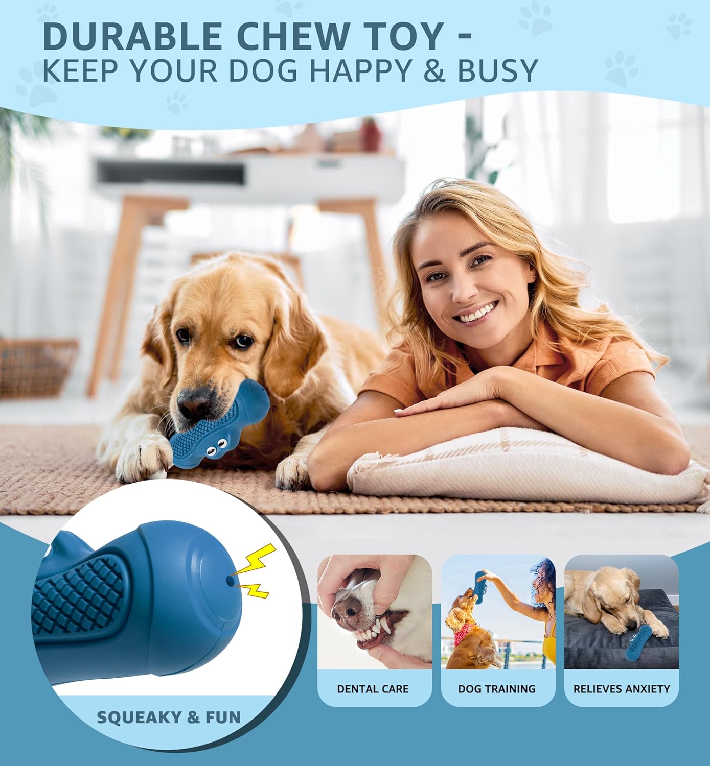 Durable Dog Chew Toy for Aggressive Chewers, Tough Natural Rubber Squeaky Dog Toy with Irresistible Beef Flavor, Dental Care, Teeth Cleaning & Boredom Relief for Medium & Large Dogs (Blue)