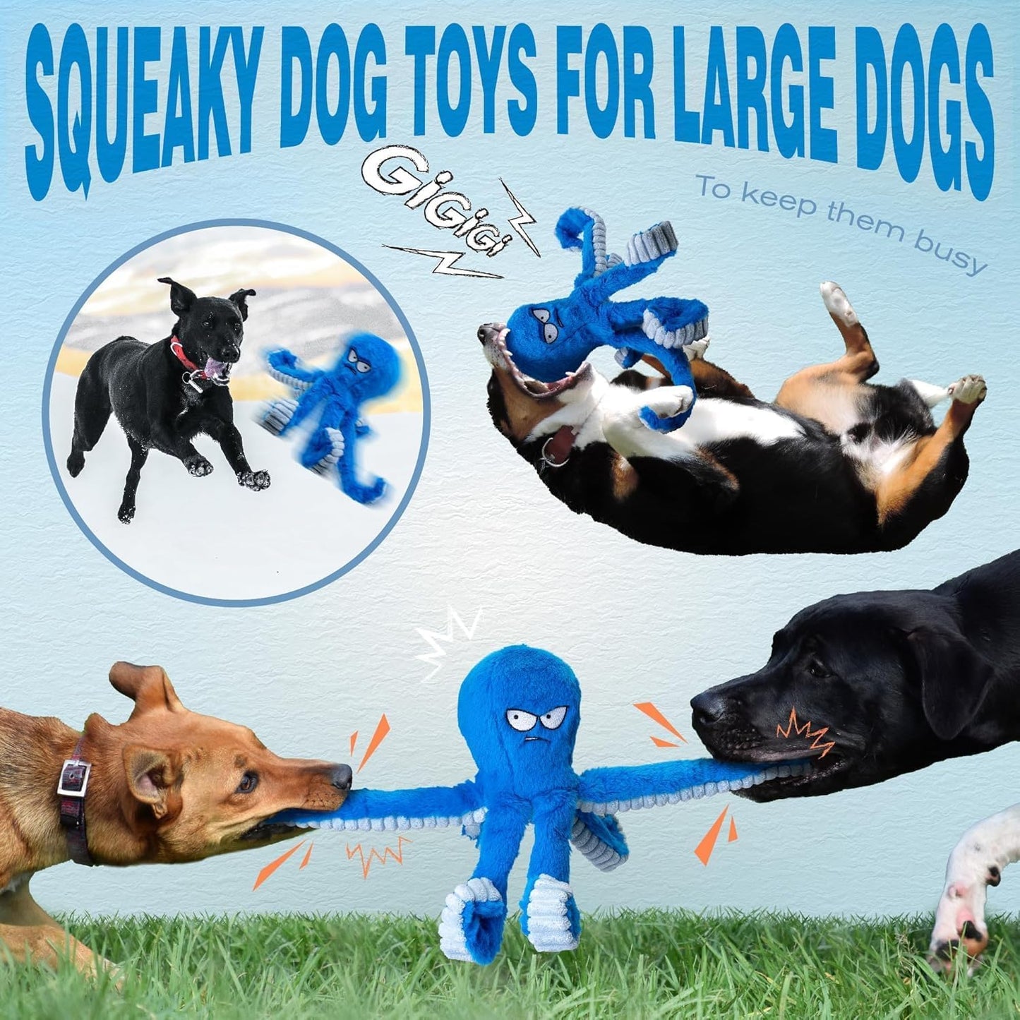 LEGEND SANDY Tough Dog Toys, Stuffed Chew Large Dog Toys to Keep Them Busy, Interactive Squeaky Tug of War Doggie Toy, Crinkle Blue Octopus (Blue Octopus 2p)