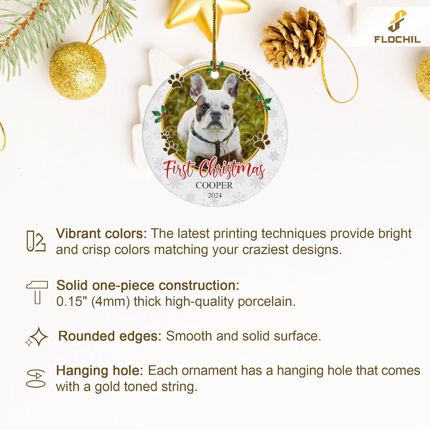FLOCHIL Personalized Dog Christmas Ornaments, Custom Photo Name for Christmas Trees, Dog First Christmas Ornaments, Best Gifts for Pet Lovers
