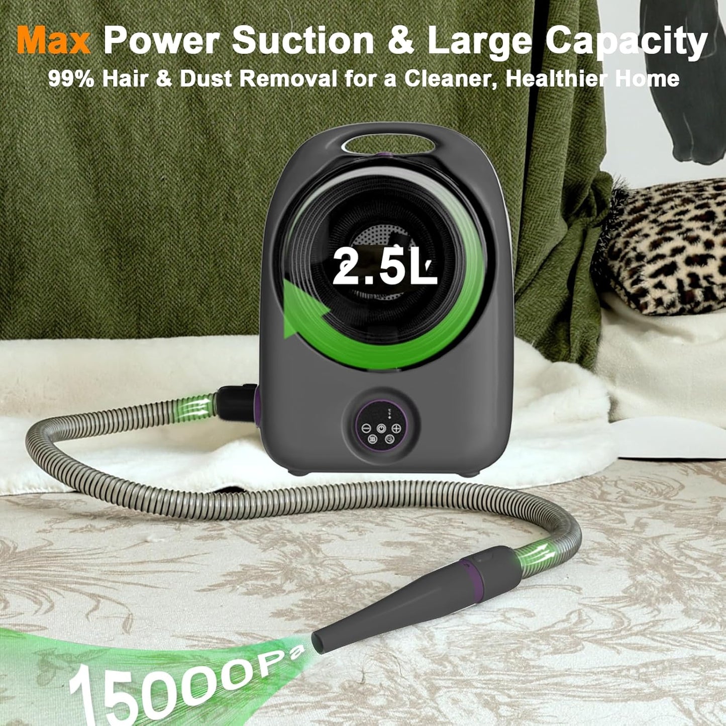 Dog Grooming Vacuum and Pet Dryer, 5-in-1 Dog Vacuum Grooming Kit for Shedding, Low Noise Doggie Hair Blow Dryer, 2.5L Canister for Cat Vacuum Groomer, Portable Pet Trimmers for Dogs, Purple