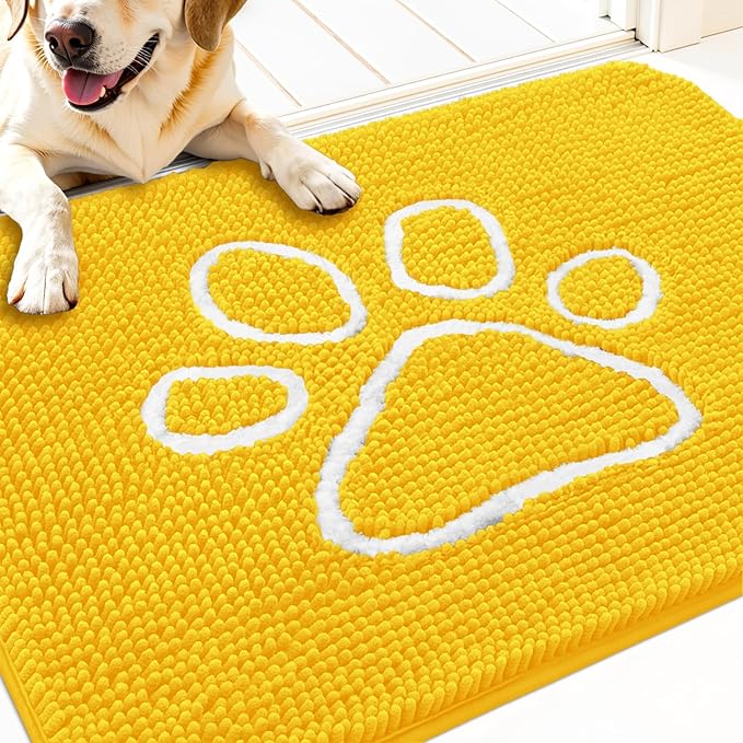 OLANLY Door Mat for Muddy Dog Paws 30x20, Ultra Absorbent Chenille Mud Doormat with Paw Print Design, Non-Slip Washable Doormat for Indoor Entryway, Quick-Dry Pet Bed Mats for Dirty Dogs, Yellow