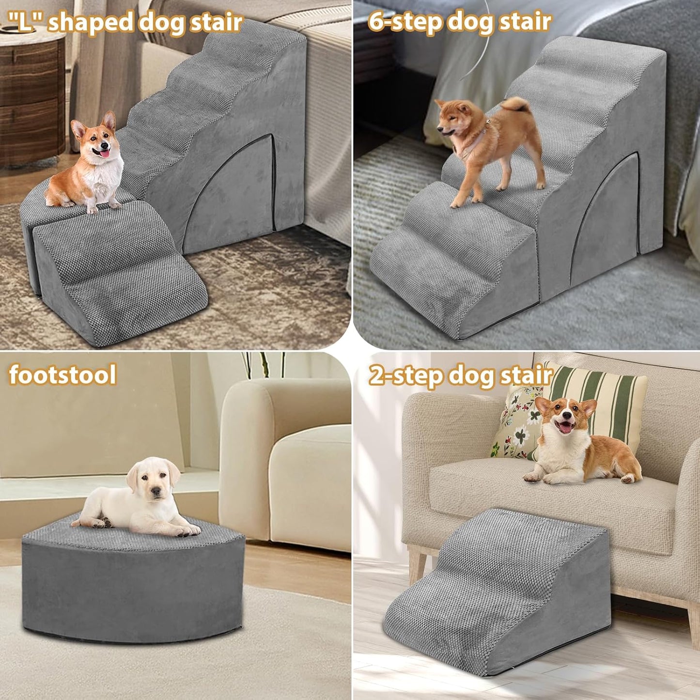 Dog Stairs for High Beds up to 32" H, A.FATI 6 Step Pet Ramp with Machine Washable Cover, Non-Slip Dog Steps for Bed for Small/Medium/Old Dogs, 30D Foam Pet Stairs