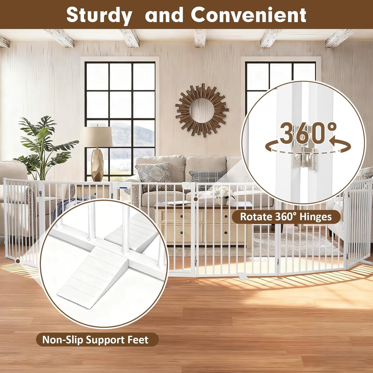 156" Dog Gate Extra Wide, Heavy Duty Metal Freestanding Dog Gate with Door for Indoor & Outdoor, Foldable Pet Fence for Doorways,House,Porch,Deck,Yard,Stairs, Auto Close(6 Panels,White)