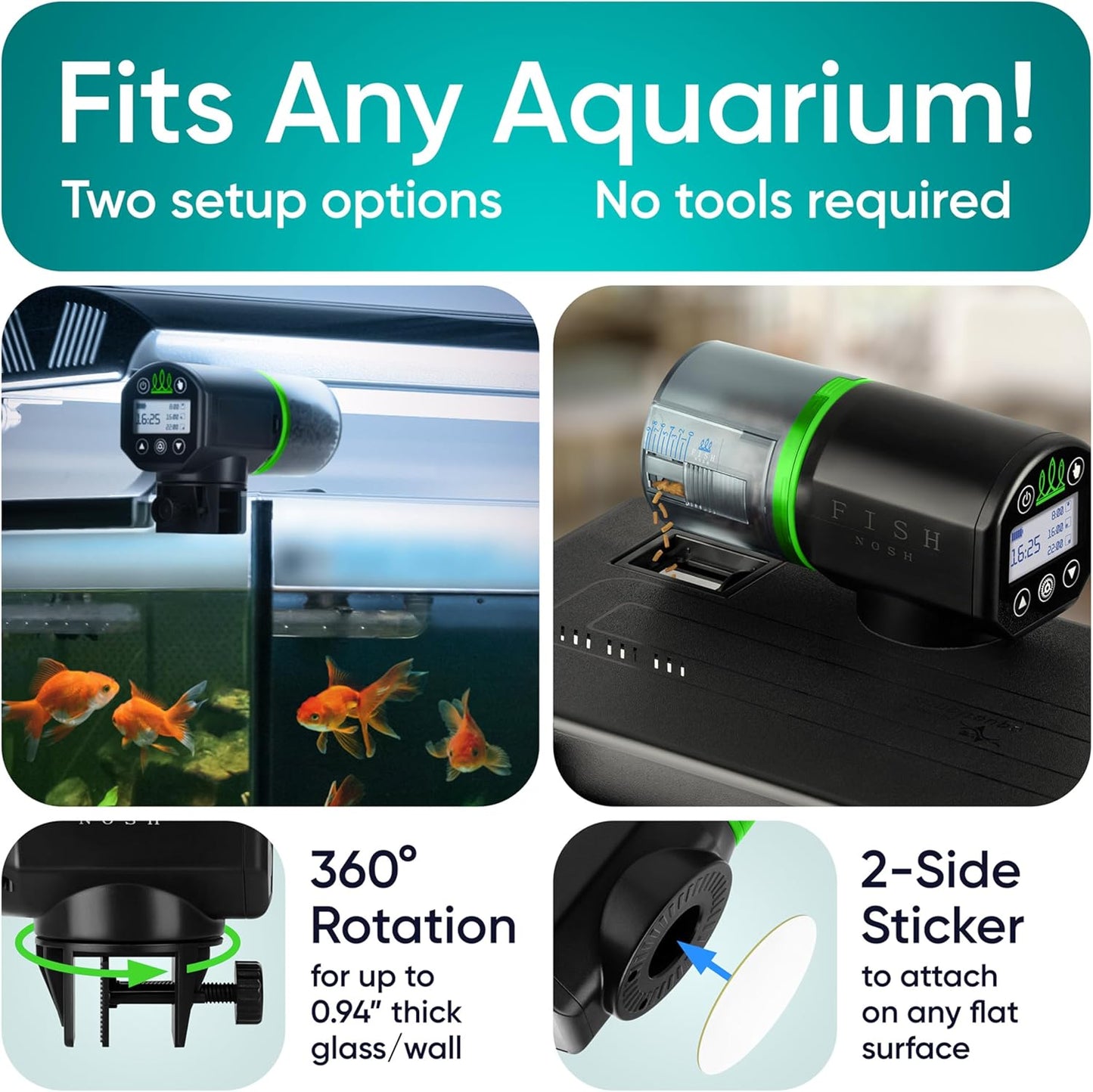 FISHNOSH Automatic Fish Feeder for Aquarium - New Generation 2025, Auto Food Dispenser with Timer for Small Tank, Big Aquariums & Pond (Green)