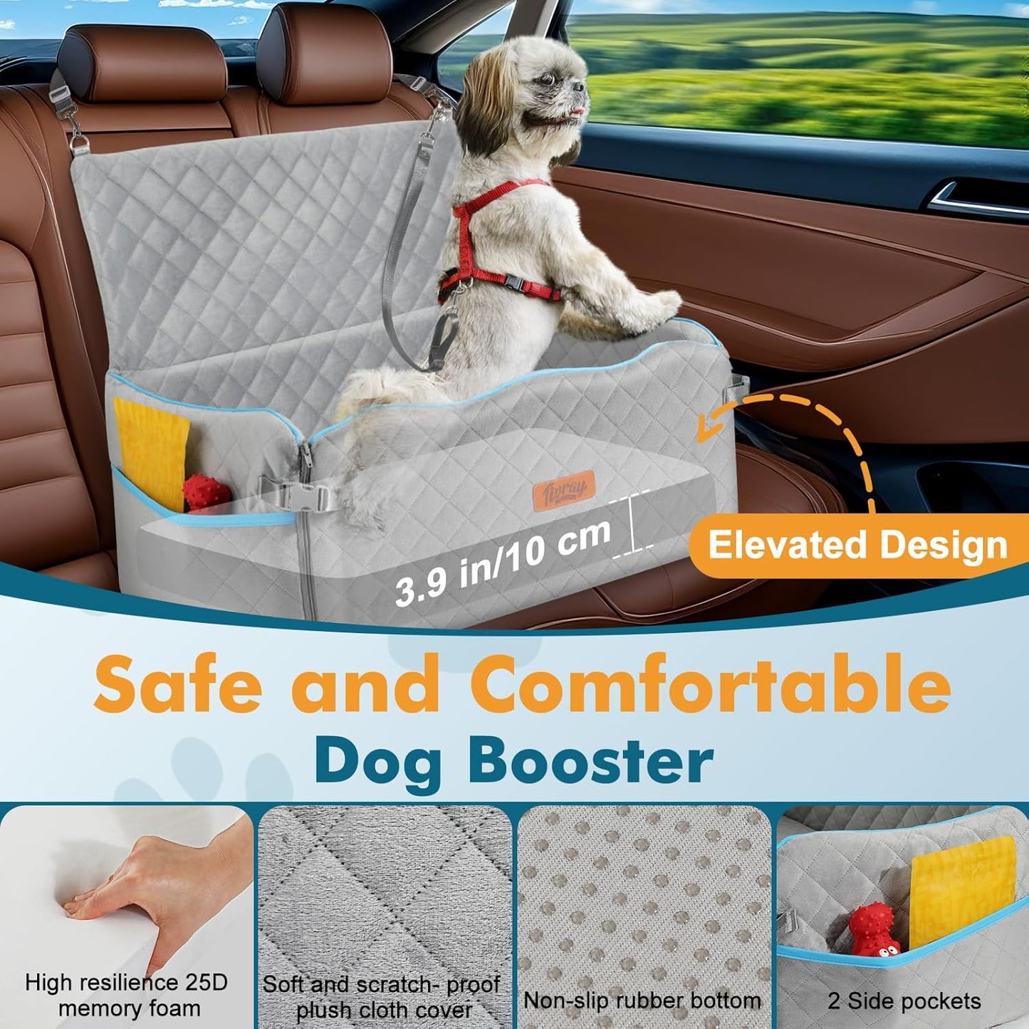 Large Dog Car Seat, Dog Car Bed for Large Dogs Under 60 lbs or 2 Small Breeds, Comfortable Pet Booster Seat with Memory Foam Thick Cushion, Detachable & Washable Pet Bed for Backseat, Grey