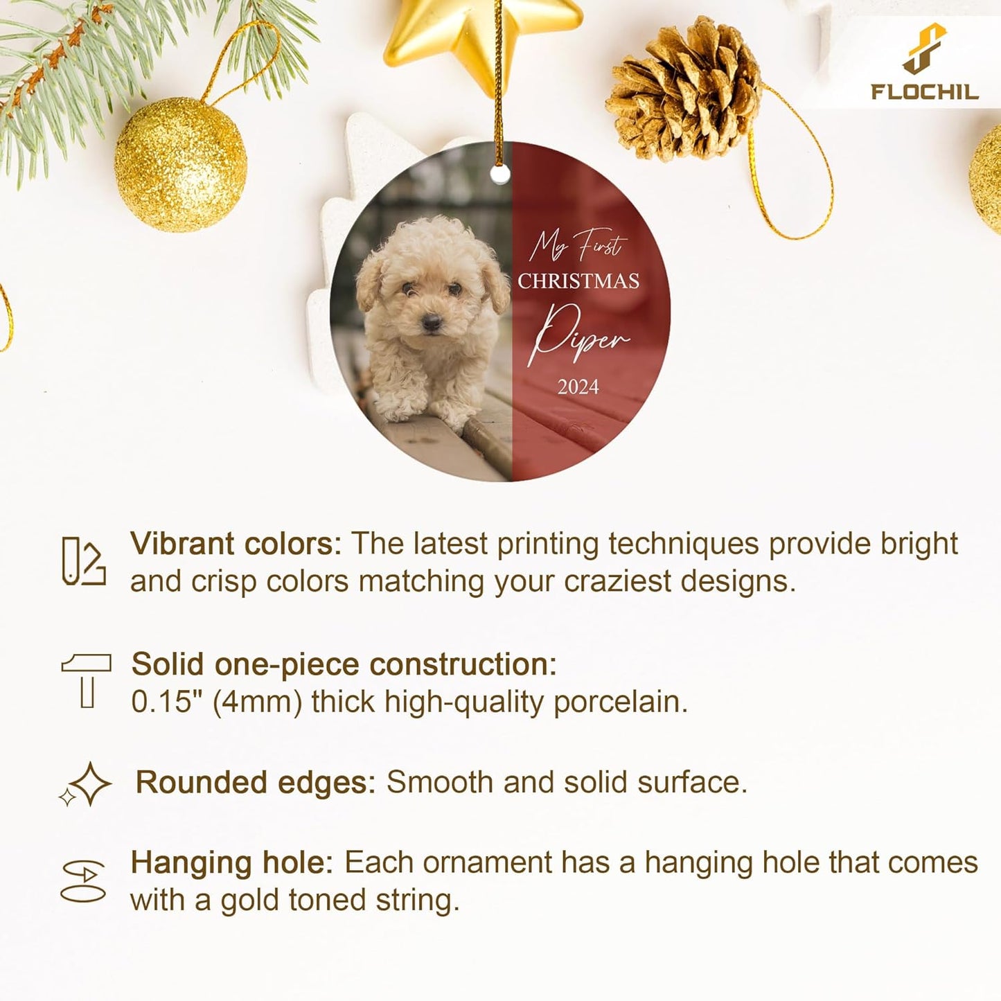 FLOCHIL Personalized Dog Christmas Ornaments, Custom Photo Name for Christmas Trees, Dog First Christmas Ornaments, Best Gifts for Pet Lovers