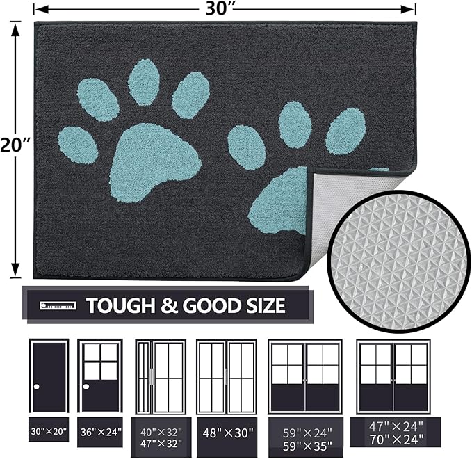 Buganda Dog Door Mat for Muddy Paws, Absorbent Dirt Trapper Washable Indoor Doormats, Non Slip Low-Profile Mud Mat for Dogs, Front Entrance Doormat for Inside Floor (30x20 Inches, Dark Grey and Blue)