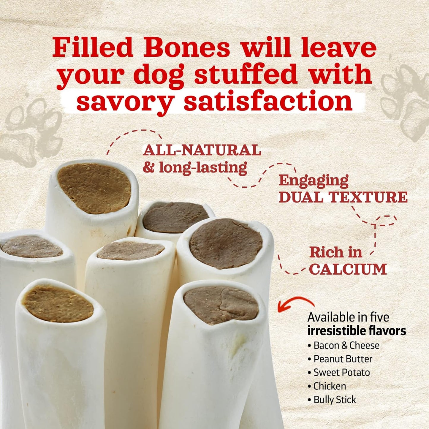 Natural Farm Filled Dog Bones, Bacon & Cheese Flavor (5-6 Inch, 3 Pack), Limited Ingredient Stuffed Dental Dog Bone Treats for Large Dogs