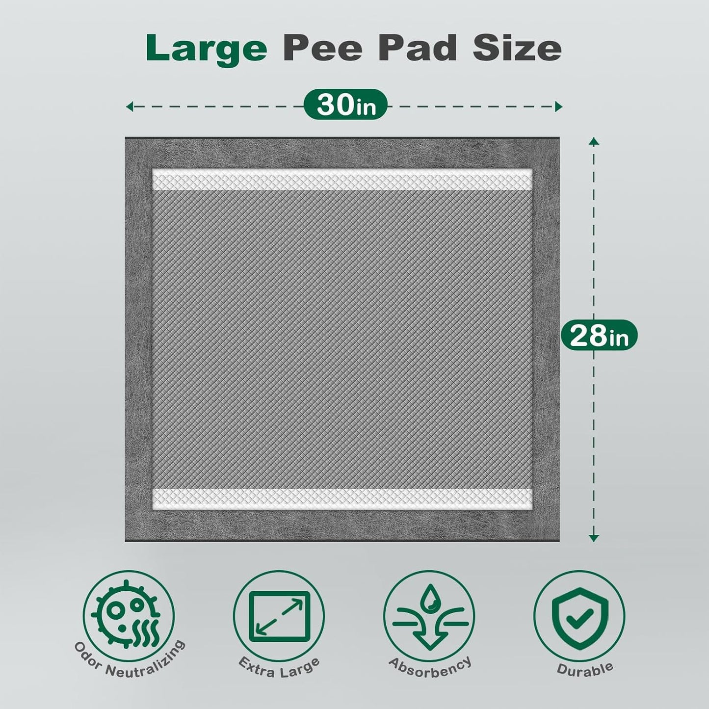 MIZOK Large Dog Pee Pads 28”×30” Charcoal, 50 Count, Puppy Pads Superior Odor-Control Potty Pads for Dogs with Adhesive Tabs Super Absorbent Activated Carbon Leak-Proof Disposable, Black